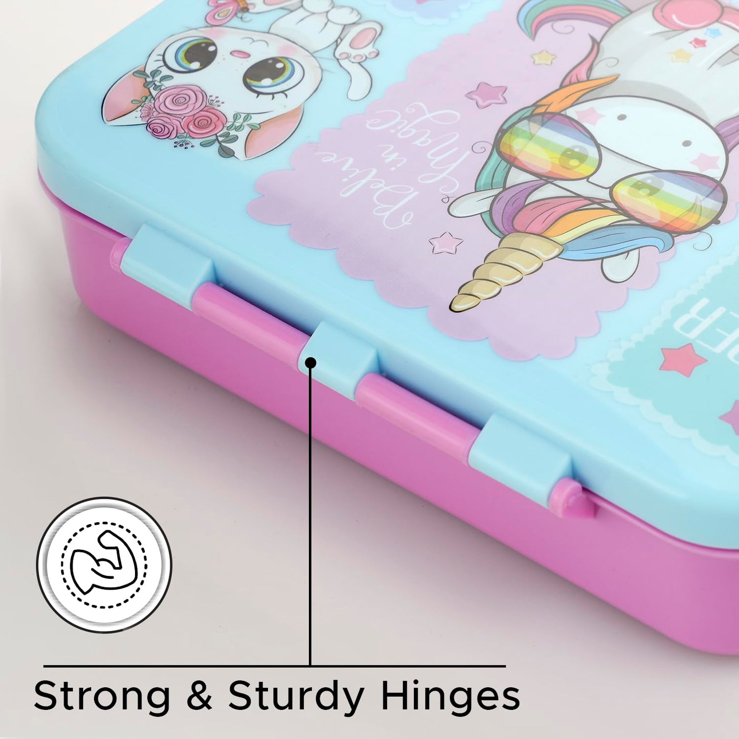 HOK Bento 4 Compartment BPA Free Food Grade Plastic Lunch Box for Kids | Unicorn Print | Leak Proof Tiffin Box | 900 ml | Pink