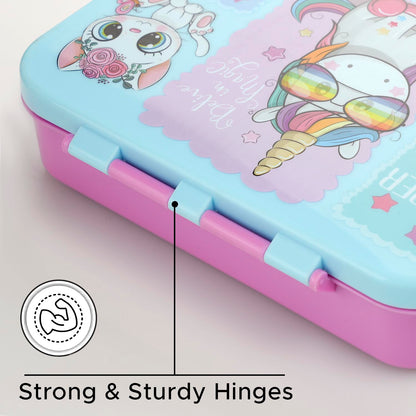 HOK Bento 4 Compartment BPA Free Food Grade Plastic Lunch Box for Kids | Unicorn Print | Leak Proof Tiffin Box | 900 ml | Pink