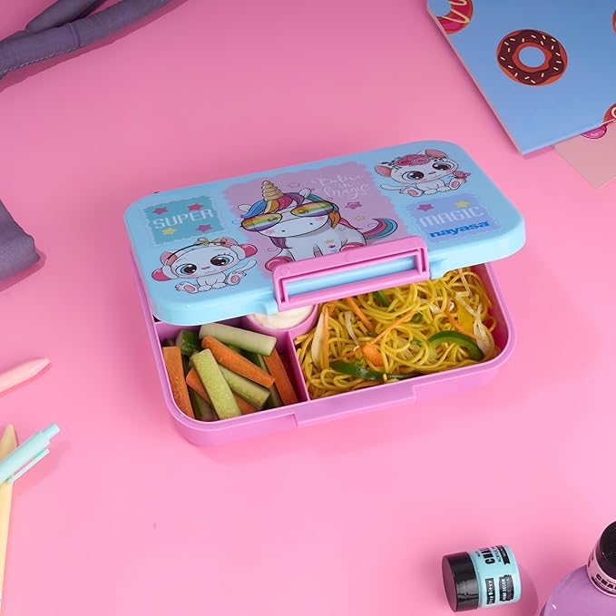 HOK Bento 4 Compartment BPA Free Food Grade Plastic Lunch Box for Kids | Unicorn Print | Leak Proof Tiffin Box | 900 ml | Pink