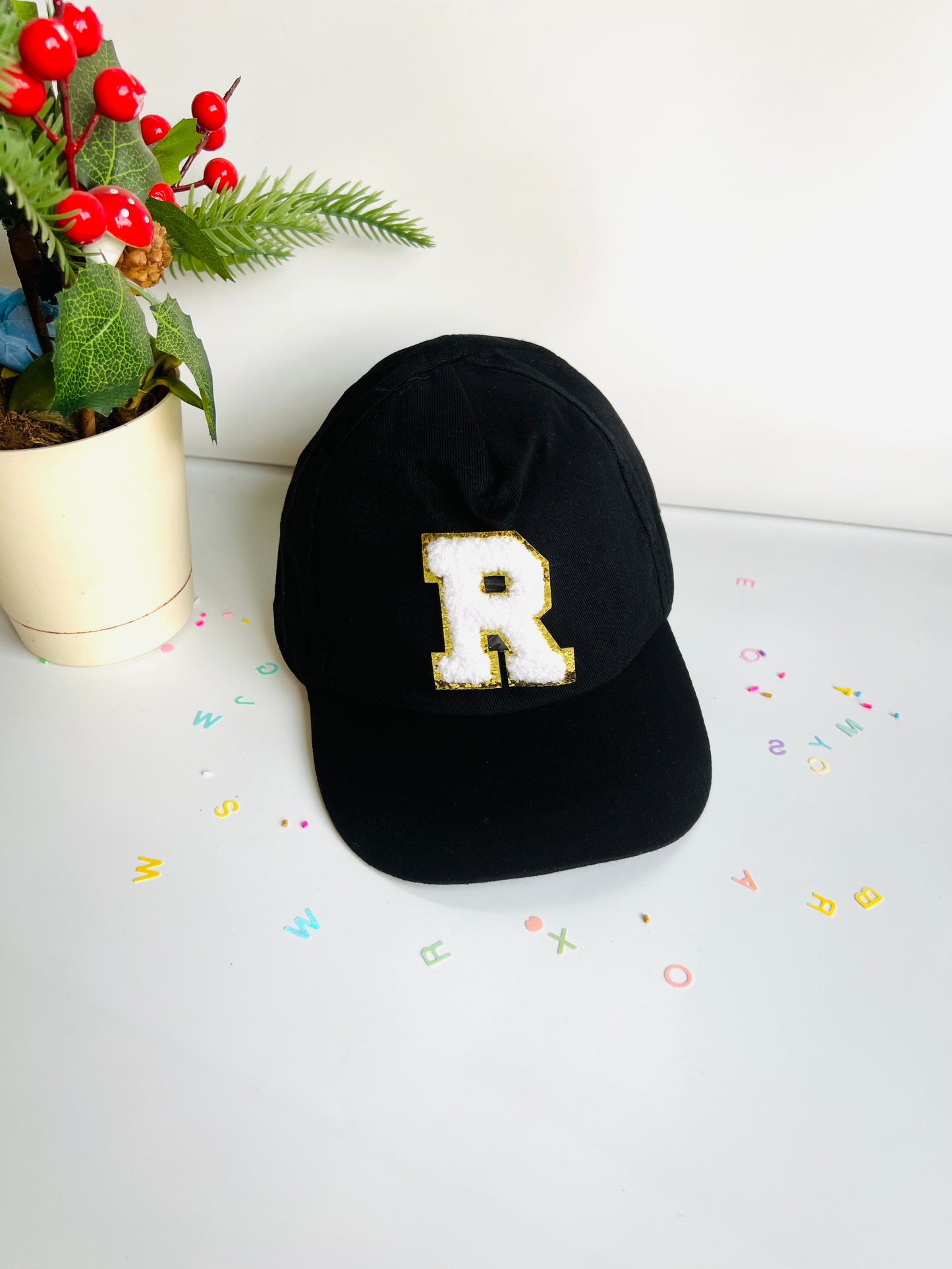 HOK Personalised Cap with Initial Gold Chenille Patches Letter Alphabet