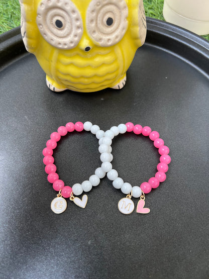 Pink and White Bracelet Included Heart Charm and Initial - Set of 1