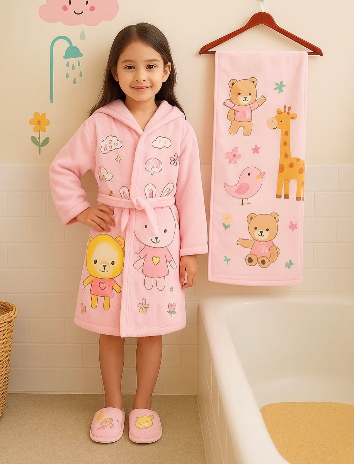 HOK 3 pcs Unique Kids Bathrobe Set - Bathrobe, Towel & Slippers
