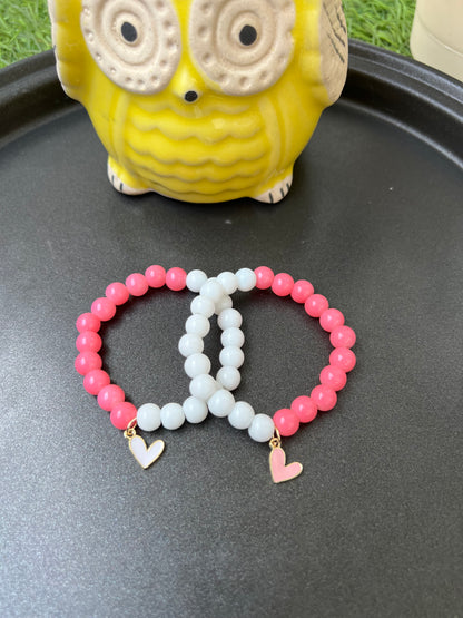 Pink and White Matching Bracelet Included Heart Charm - Set of 2