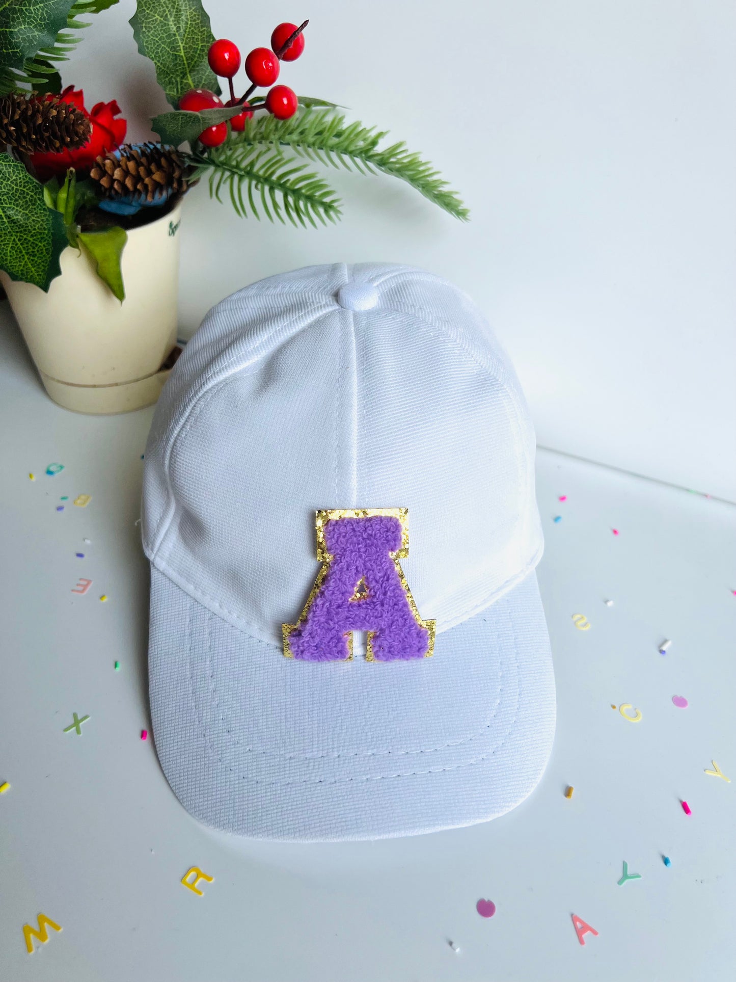 HOK Personalised Cap with Initial Gold Chenille Patches Letter Alphabet