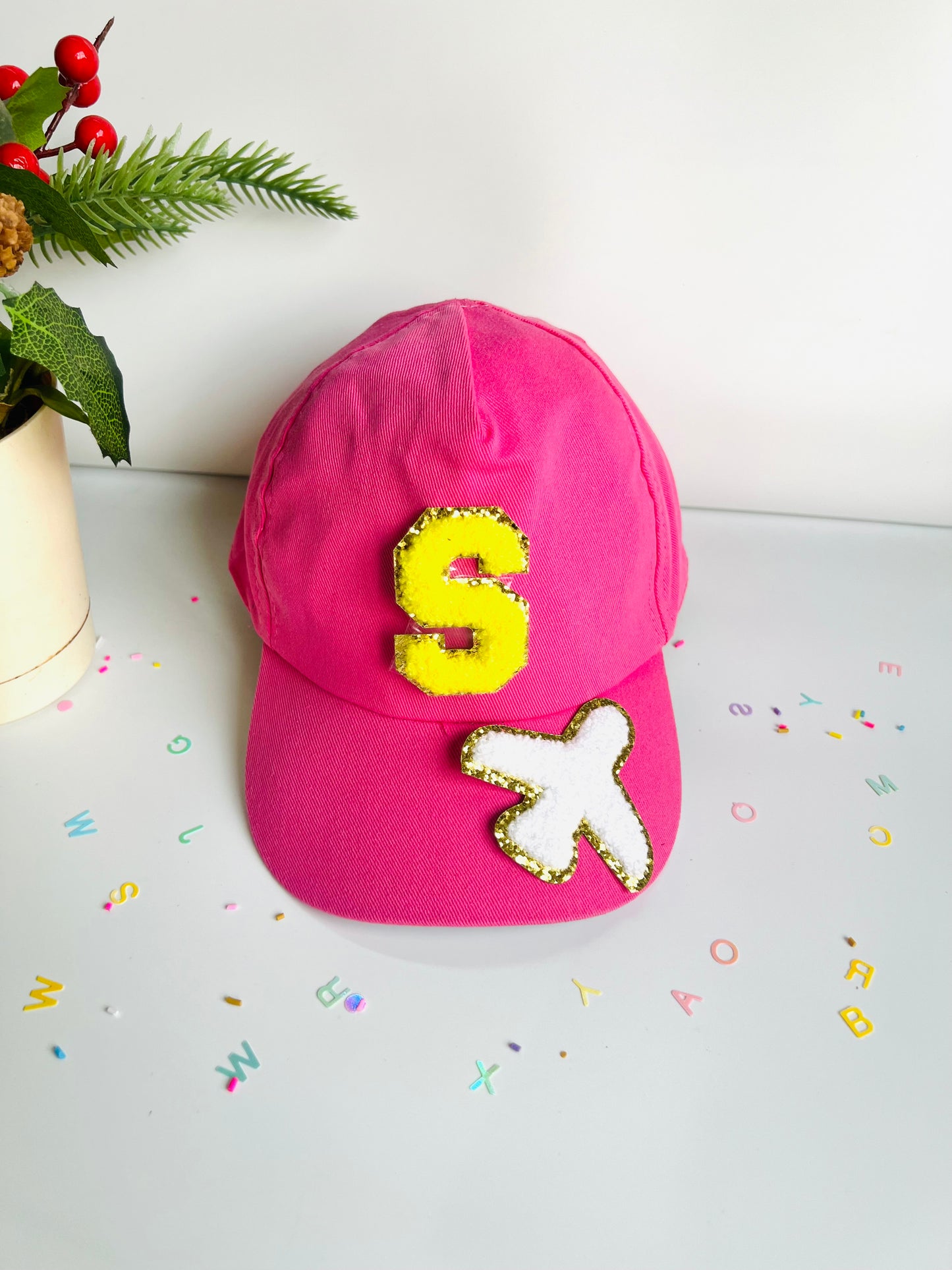 HOK Personalised Cap with Initial Gold Chenille Patches Letter Alphabet