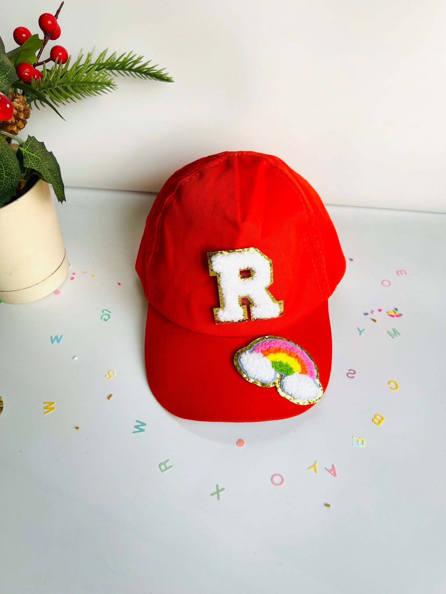 HOK Personalised Cap with Initial Gold Chenille Patches Letter Alphabet