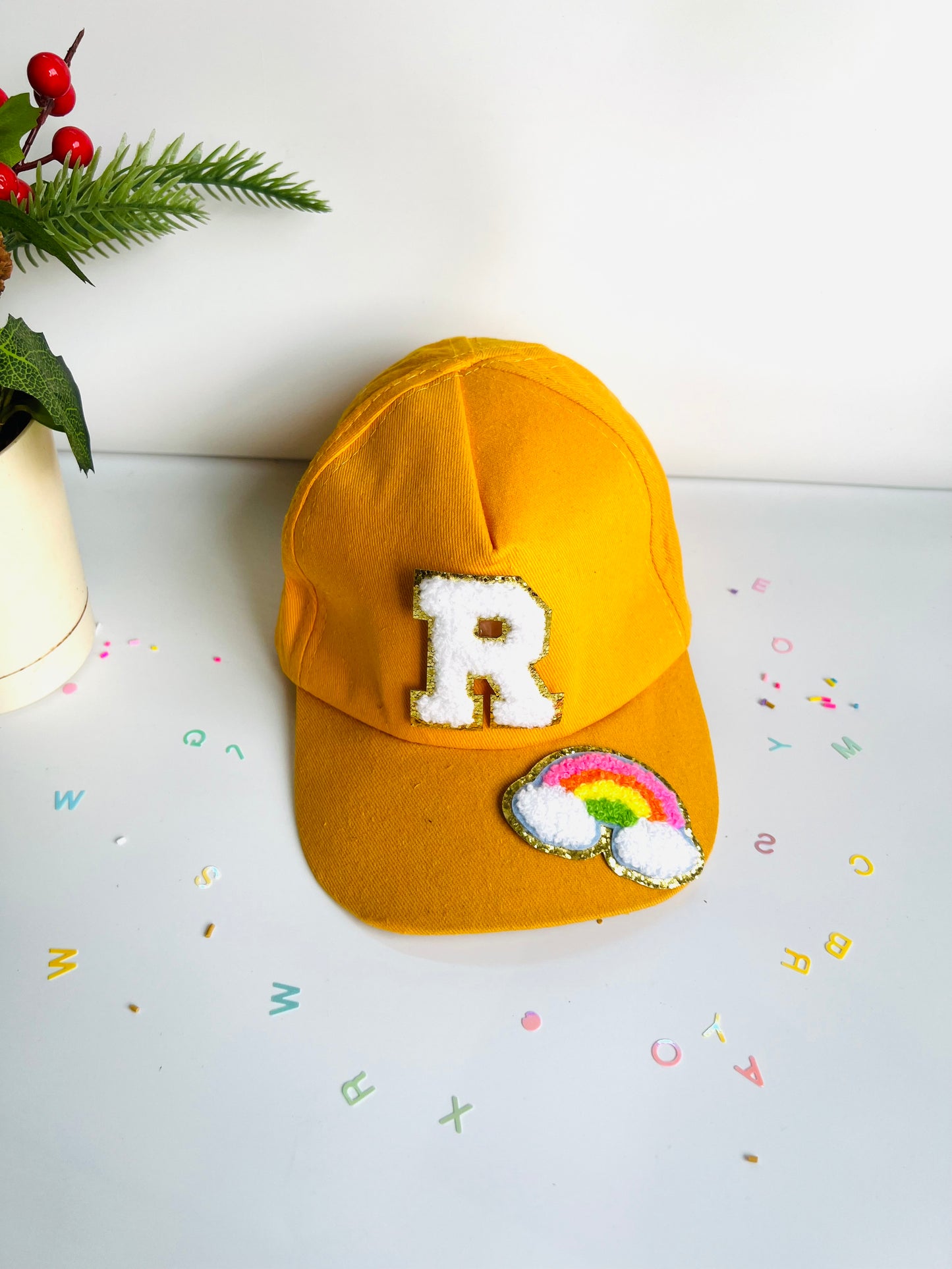 HOK Personalised Cap with Initial Gold Chenille Patches Letter Alphabet