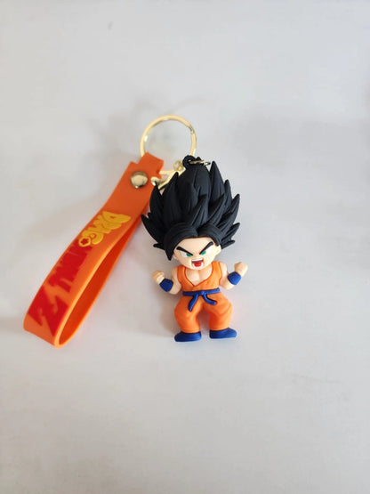 Keychain with a character figure and orange strap on a light gray background