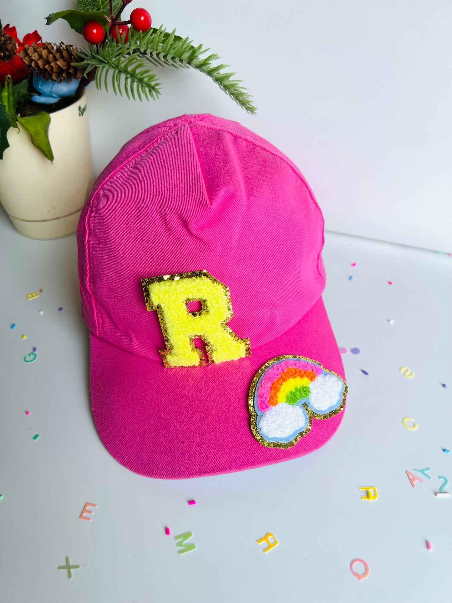 HOK Personalised Cap with Initial Gold Chenille Patches Letter Alphabet