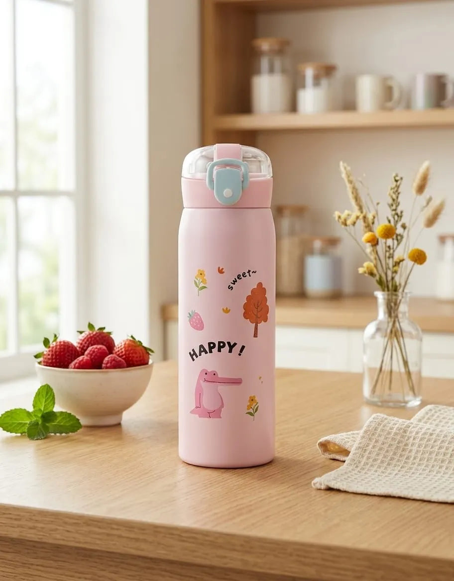 Pink water bottle with cartoon design on a wooden table in a bright room.
