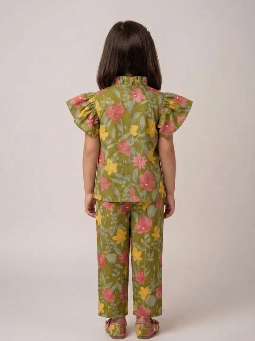 Back view of girls green floral cotton co-ord set