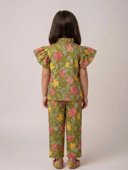 Back view of girls green floral cotton co-ord set