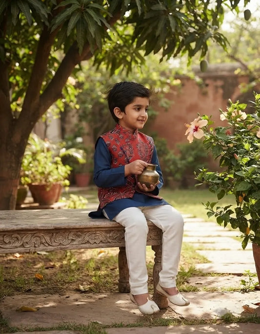A young boy sitting on a carved wooden bench in a garden courtyard, wearing a traditional Indian outfit with a navy blue kurta, a red patterned vest, and white trousers, while holding a small brass pot.