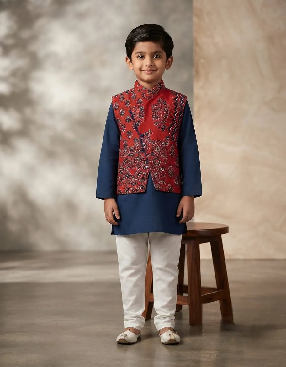 A young boy modeling a traditional Indian outfit consisting of a navy blue kurta, a red embroidered waistcoat, and white trousers, standing in front of a textured beige backdrop with a wooden stool.