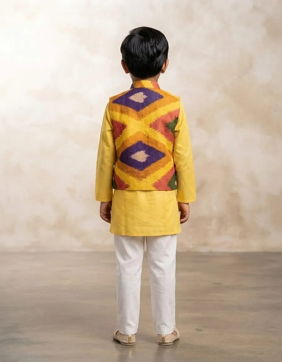 A child viewed from behind wearing a bright yellow traditional outfit with a colorful geometric patterned jacket and white trousers, standing against a textured beige wall.
