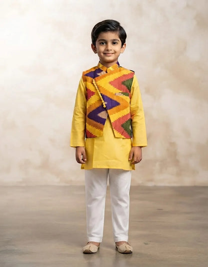 A young boy modeling a traditional Indian outfit consisting of a bright yellow kurta, a multicolor patterned waistcoat, and white trousers, standing against a textured beige studio backdrop.