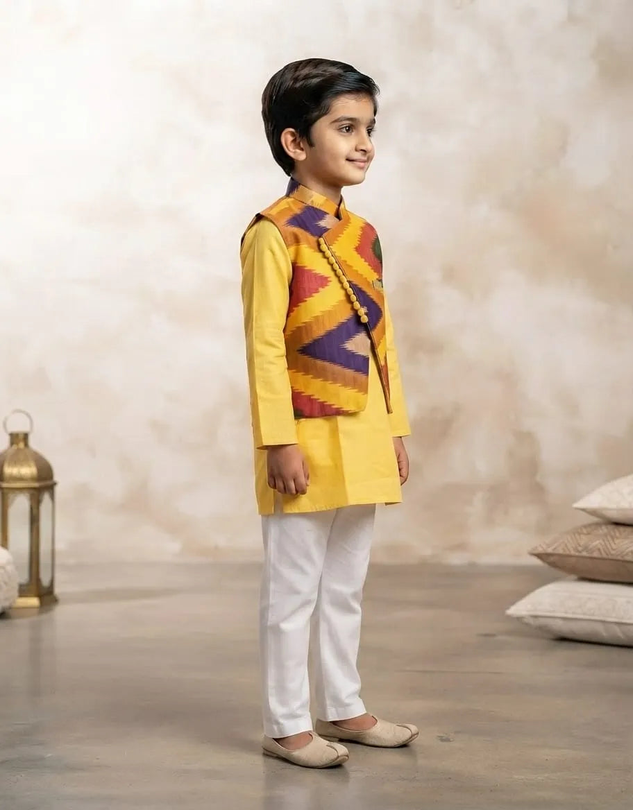 A young boy modeling a traditional Indian outfit consisting of a yellow kurta, a multicolor patterned vest, and white trousers, standing against a textured beige wall.