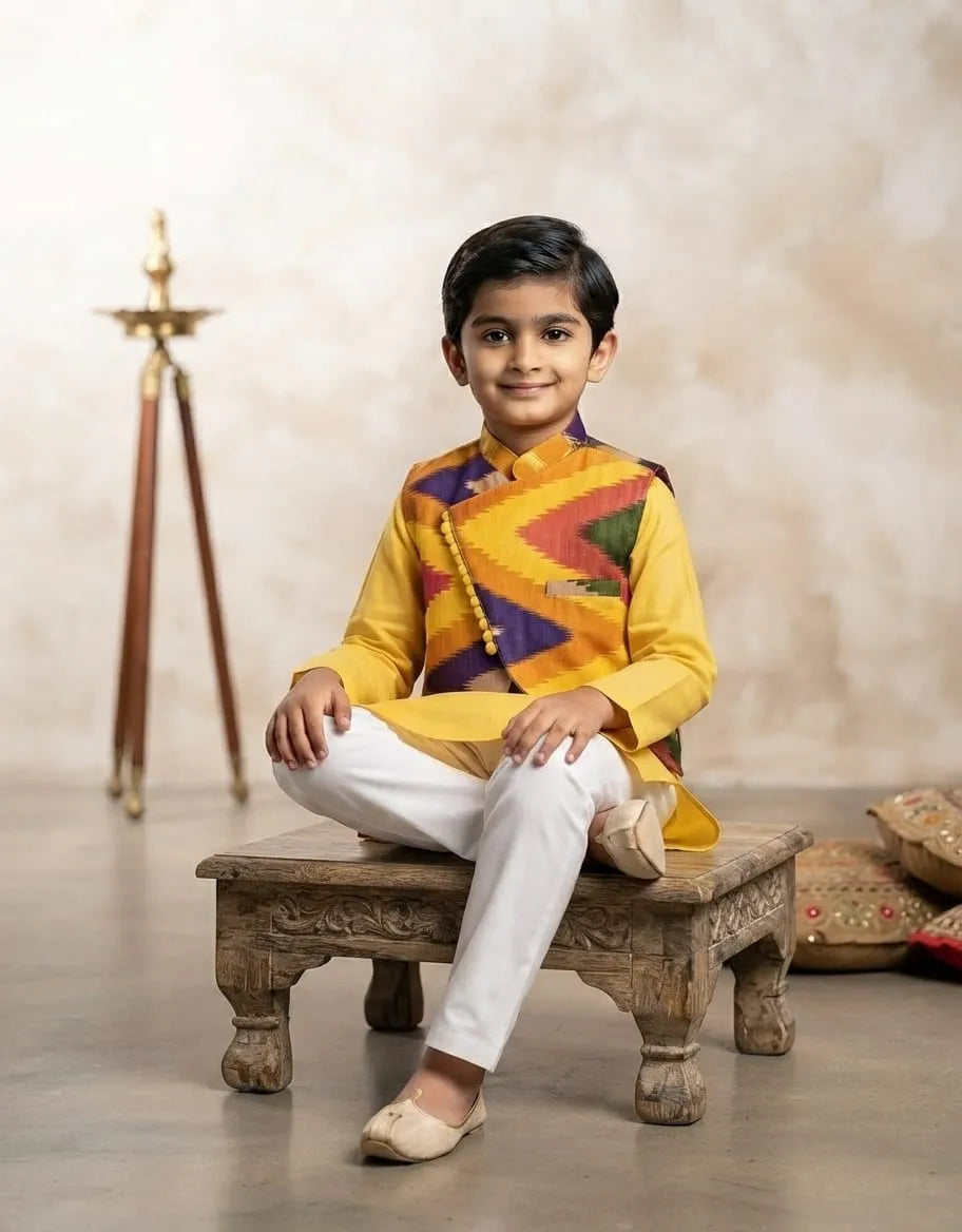 A young boy wearing a traditional Indian outfit, featuring a yellow kurta with a colorful geometric pattern on the chest, white trousers, and beige shoes, sitting on a carved wooden bench.