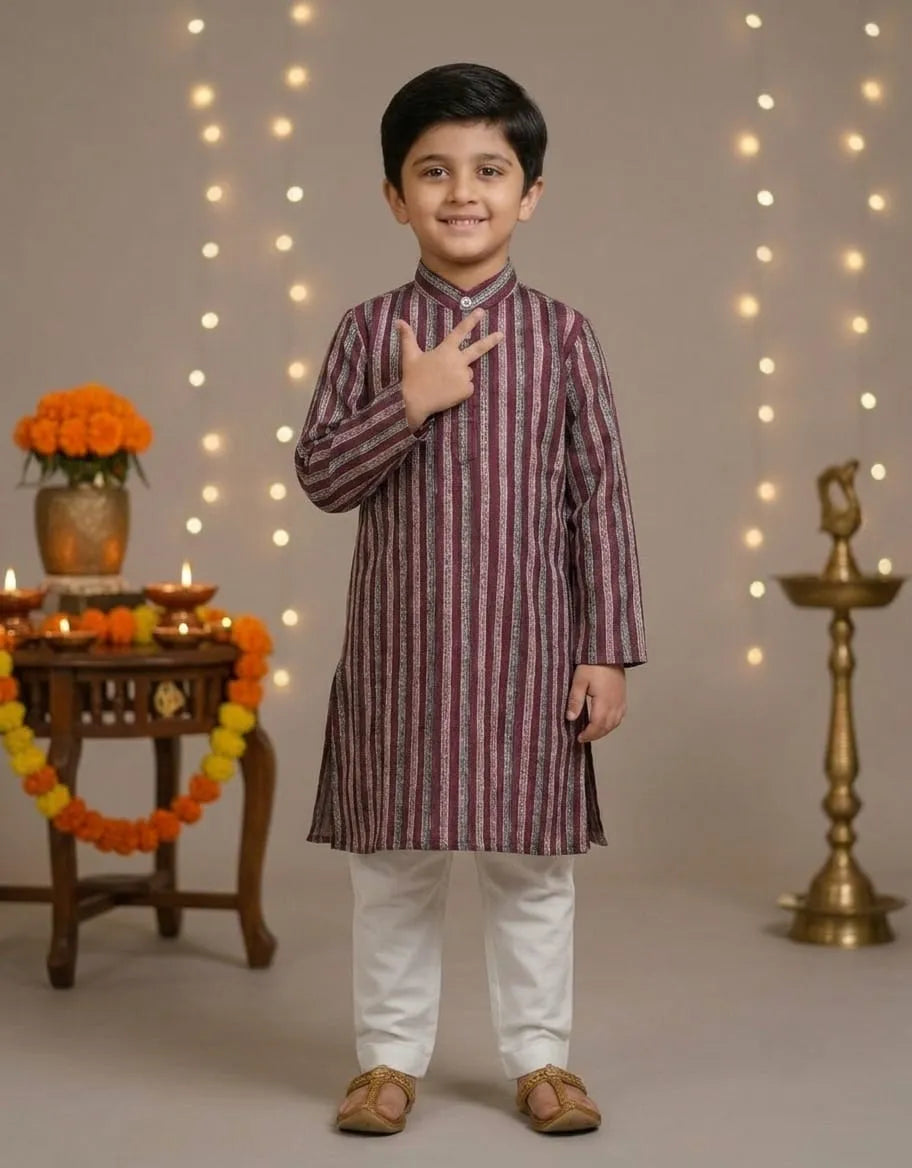 A young boy wearing a traditional Indian outfit with vertical maroon and white stripes on a kurta, paired with white pants and brown sandals, standing in a decorated studio setting with warm string lights and festive props.