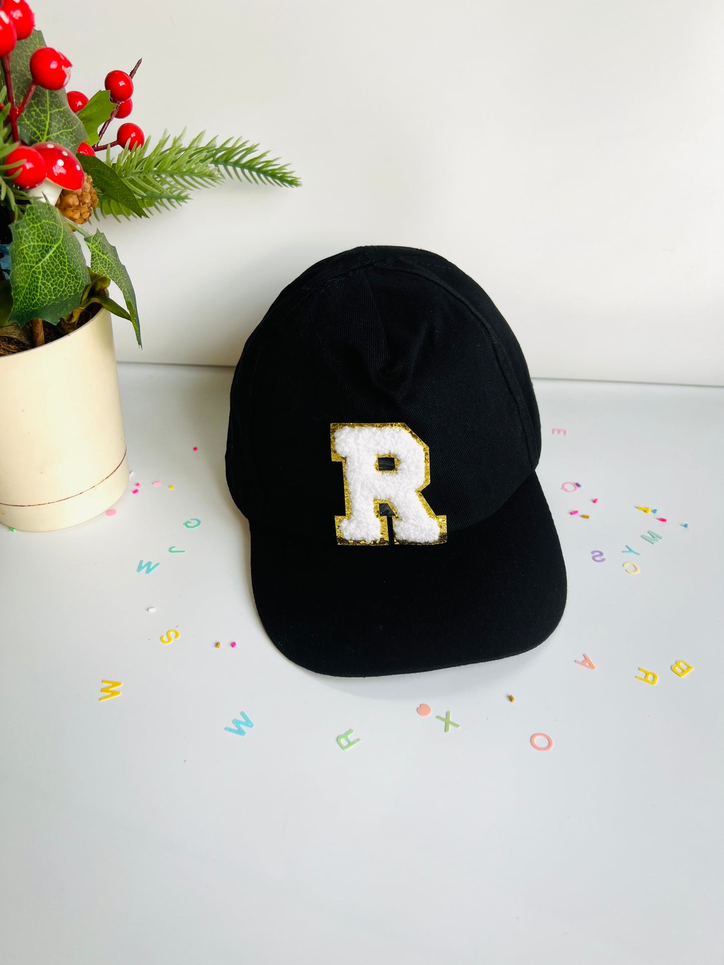 HOK Personalised Cap with Initial Gold Chenille Patches Letter Alphabet