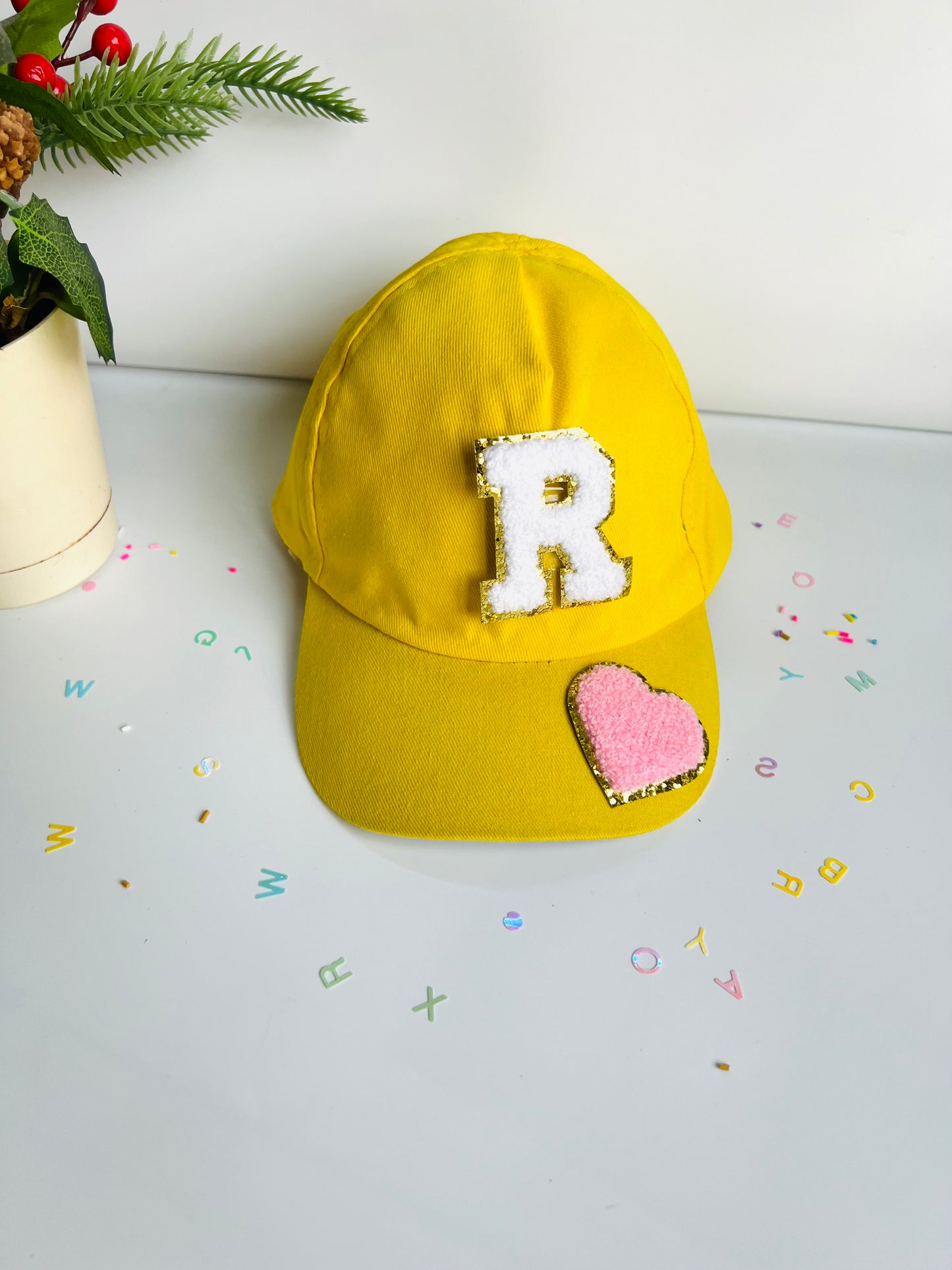 HOK Personalised Cap with Initial Gold Chenille Patches Letter Alphabet