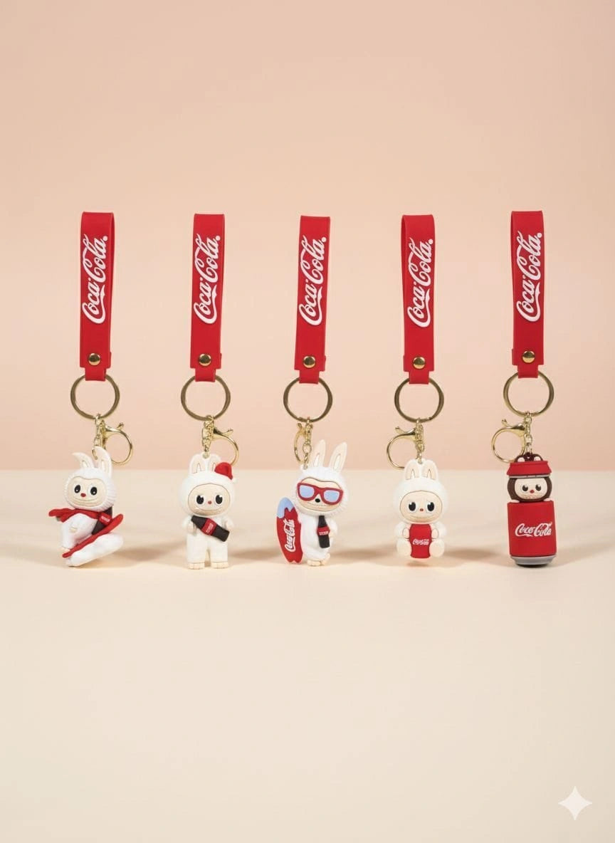 Set of Coca-Cola themed keychains with cartoon characters on a beige background