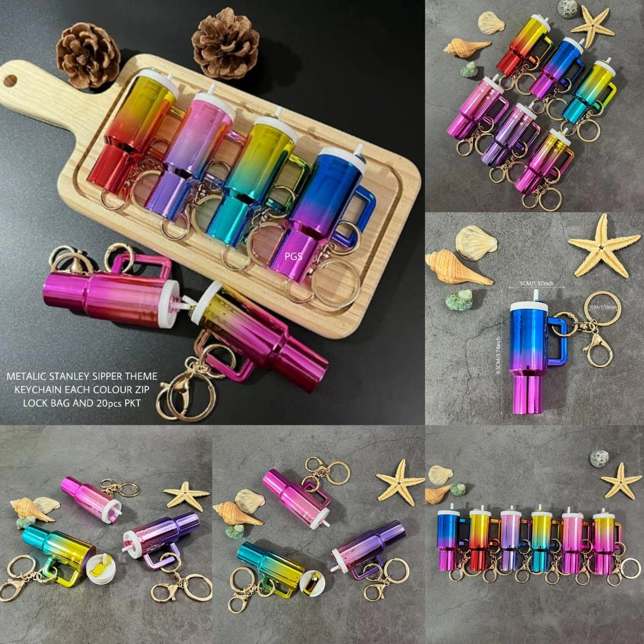 Colorful keychains on a wooden board with starfish and shells on a gray background