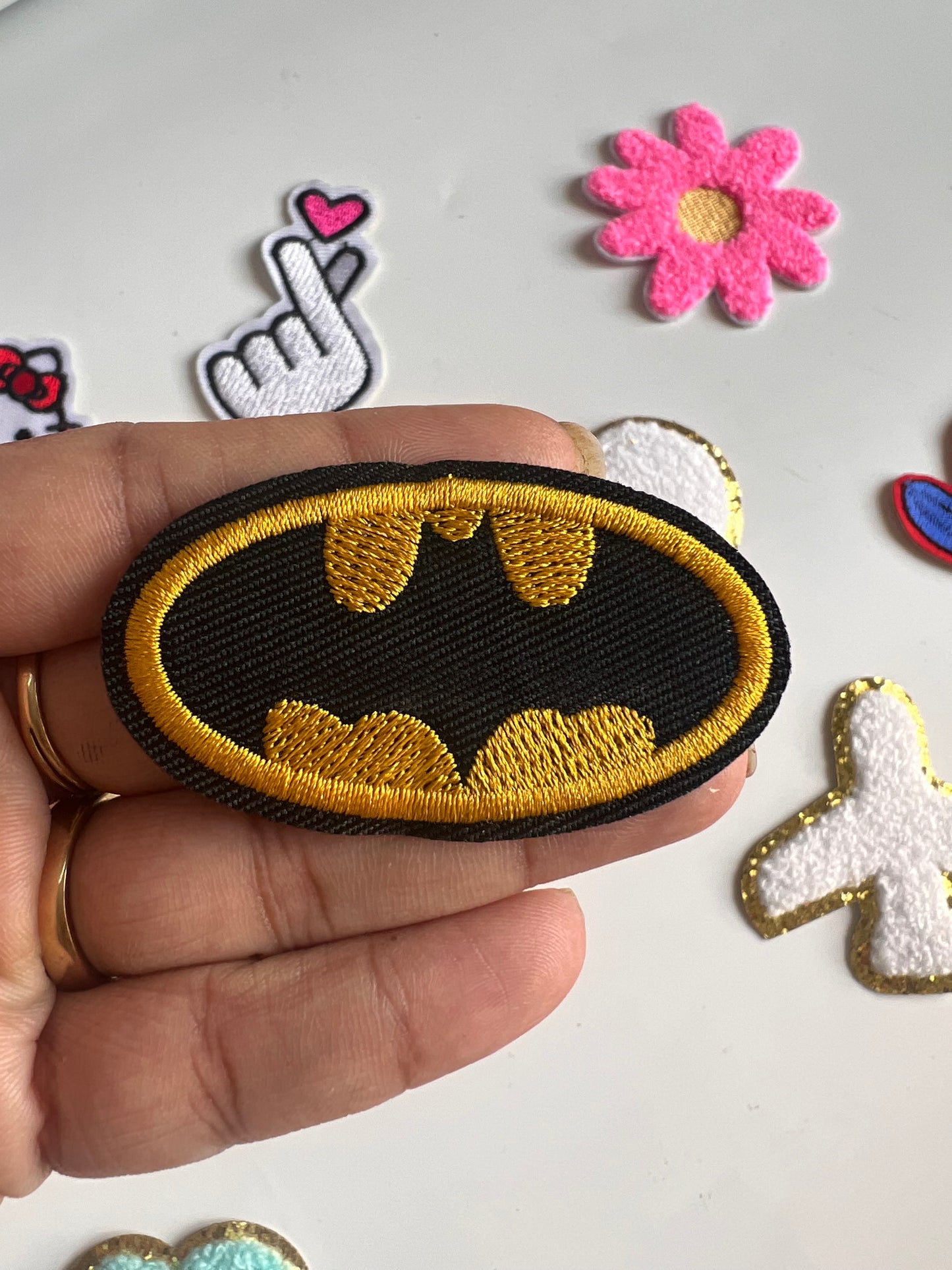 DIY HOK Cartoon Gold Chenille Embroidery Patch Varsity Iron on Sew on Decorative Repair Applique Patches with Gold Border for Clothing Bags DIY Art & Craft