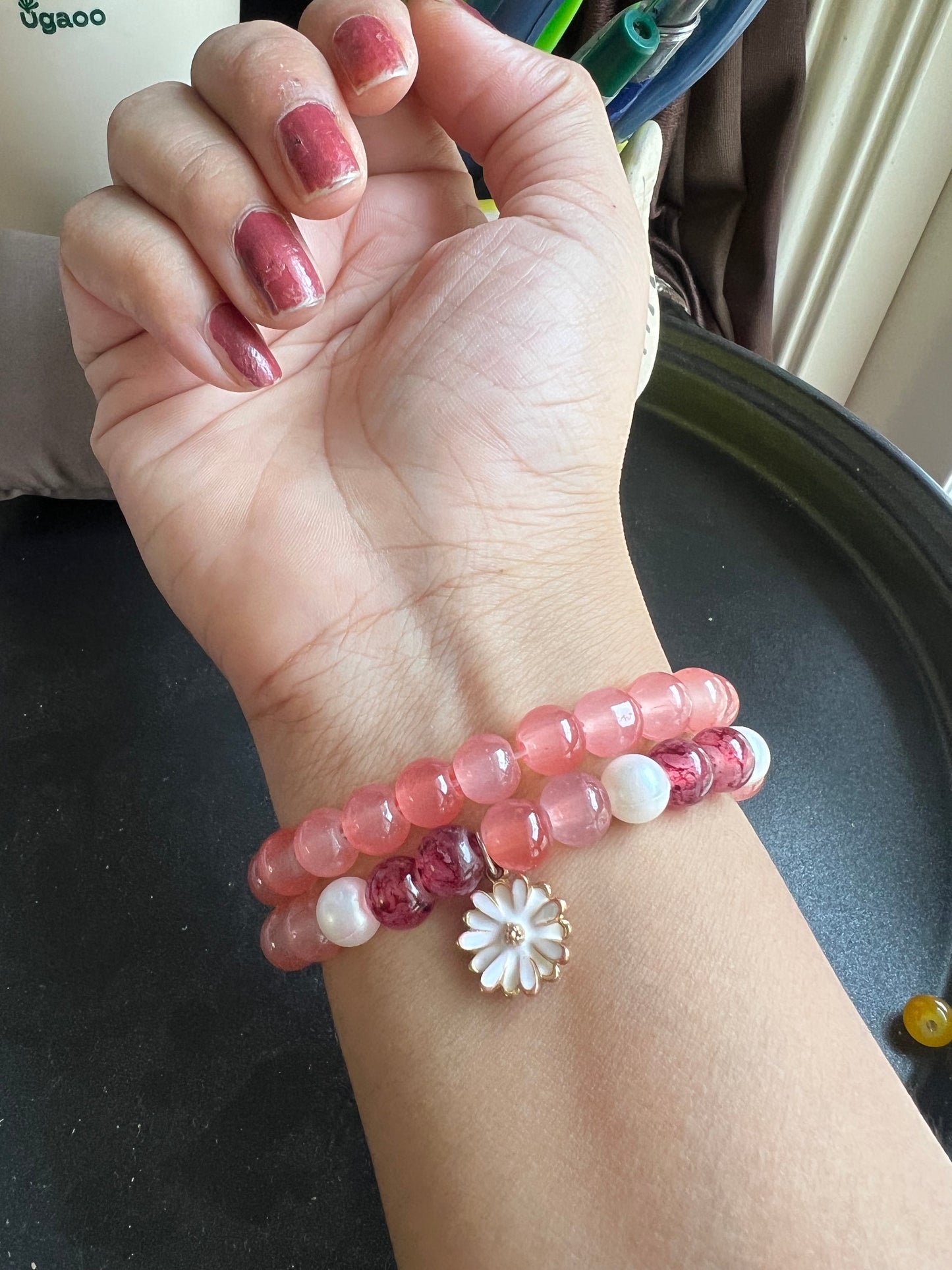 Beautiful Pearl and Glass Beads Stack Bracelet with Flower Charm - Set of 2