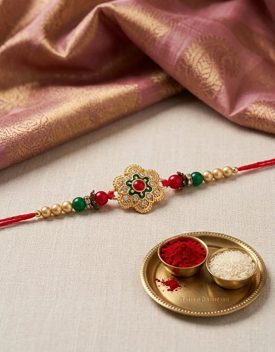 Decorative Rakhi with red thread, pearls, and a flower design on a pink fabric background.