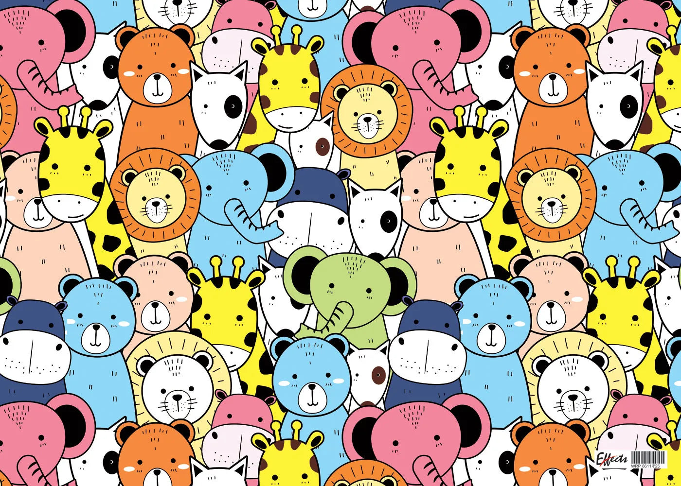 Pattern of colorful cartoon animal heads in a grid layout.