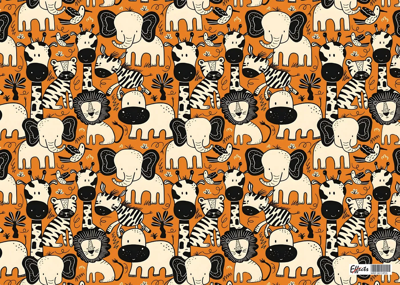 Pattern of cartoon animals including elephants, giraffes, and zebras on an orange background.