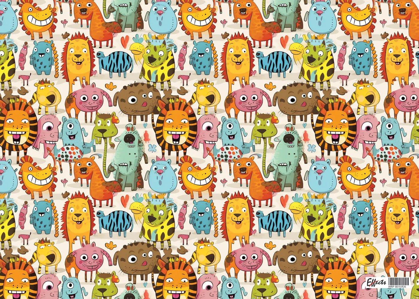 Pattern of colorful cartoon animals on a beige background