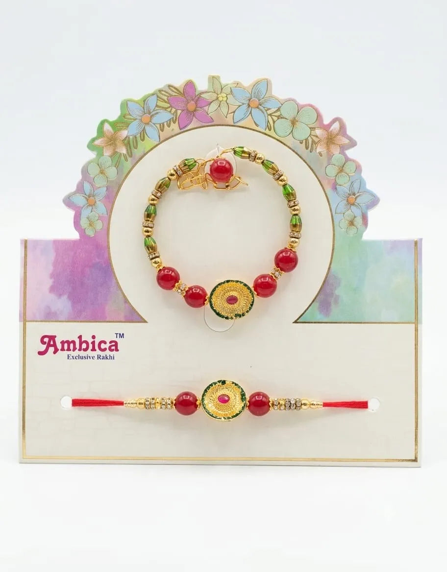 Bracelet and rakhi set on a decorative card with 'Ambica' branding