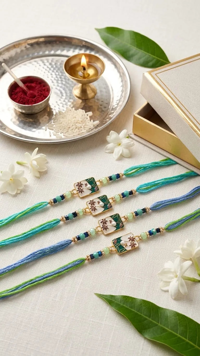 Three handmade blue and green thread Rakhi bracelets with floral beadwork are arranged on a light fabric surface alongside white flowers, a silver tray with a lit diya and red powder, and a gold gift box.