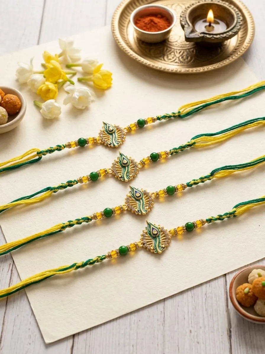 Four handmade Rakhi bracelets with green and yellow braided cords, green beads, and gold-toned peacock motifs, arranged on a cream-colored paper over a white wooden surface with festive props including a diya, flowers, and sweets.
