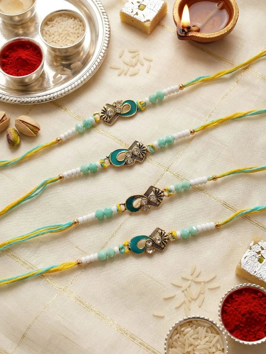 Four traditional Indian Rakhi strands laid out on a beige fabric background, decorated with white and mint green beads, metallic silver fish-shaped charms, and yellow and green thread. Surrounding props include a silver tray with red powder, rice, a lit diya, and sweets.