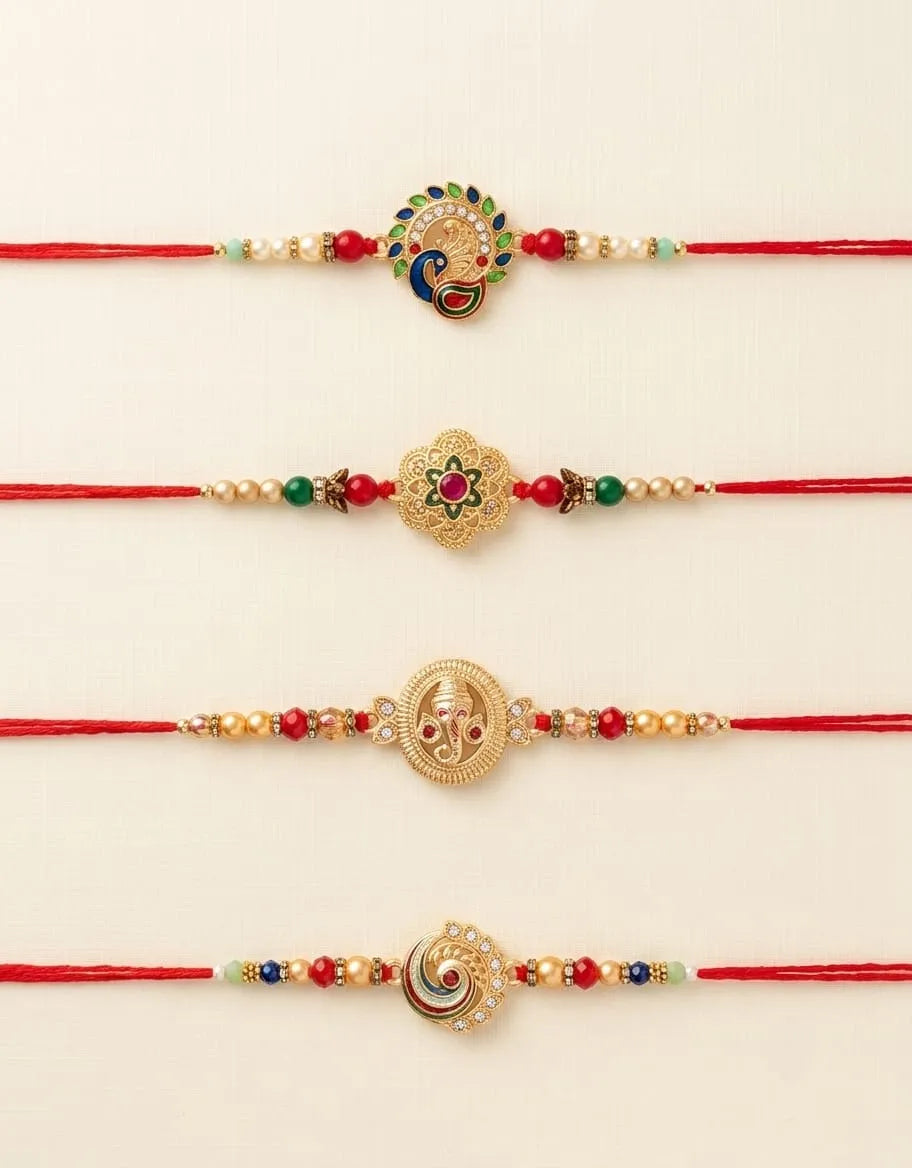 Designer Peacock, Floral, Ganesha & Stone Rakhi Set of 4