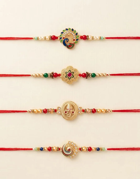 Designer Peacock, Floral, Ganesha & Stone Rakhi Set of 4