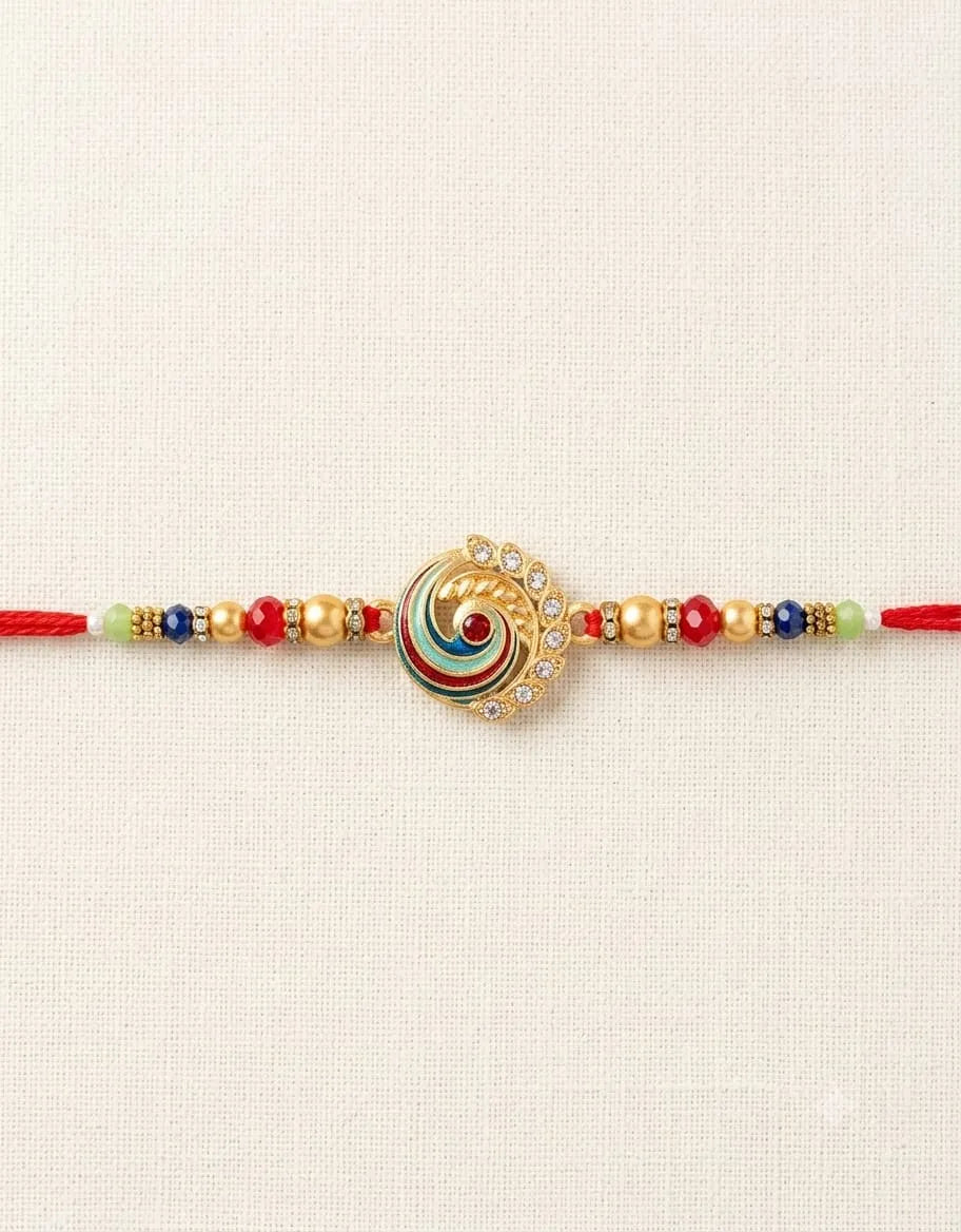 Decorative bracelet with colorful beads and a gold clasp on a light beige background