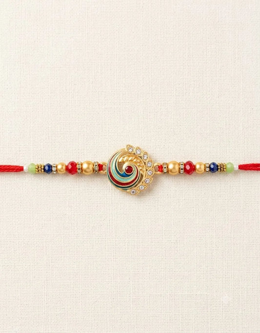 Decorative bracelet with colorful beads and a gold clasp on a light beige background