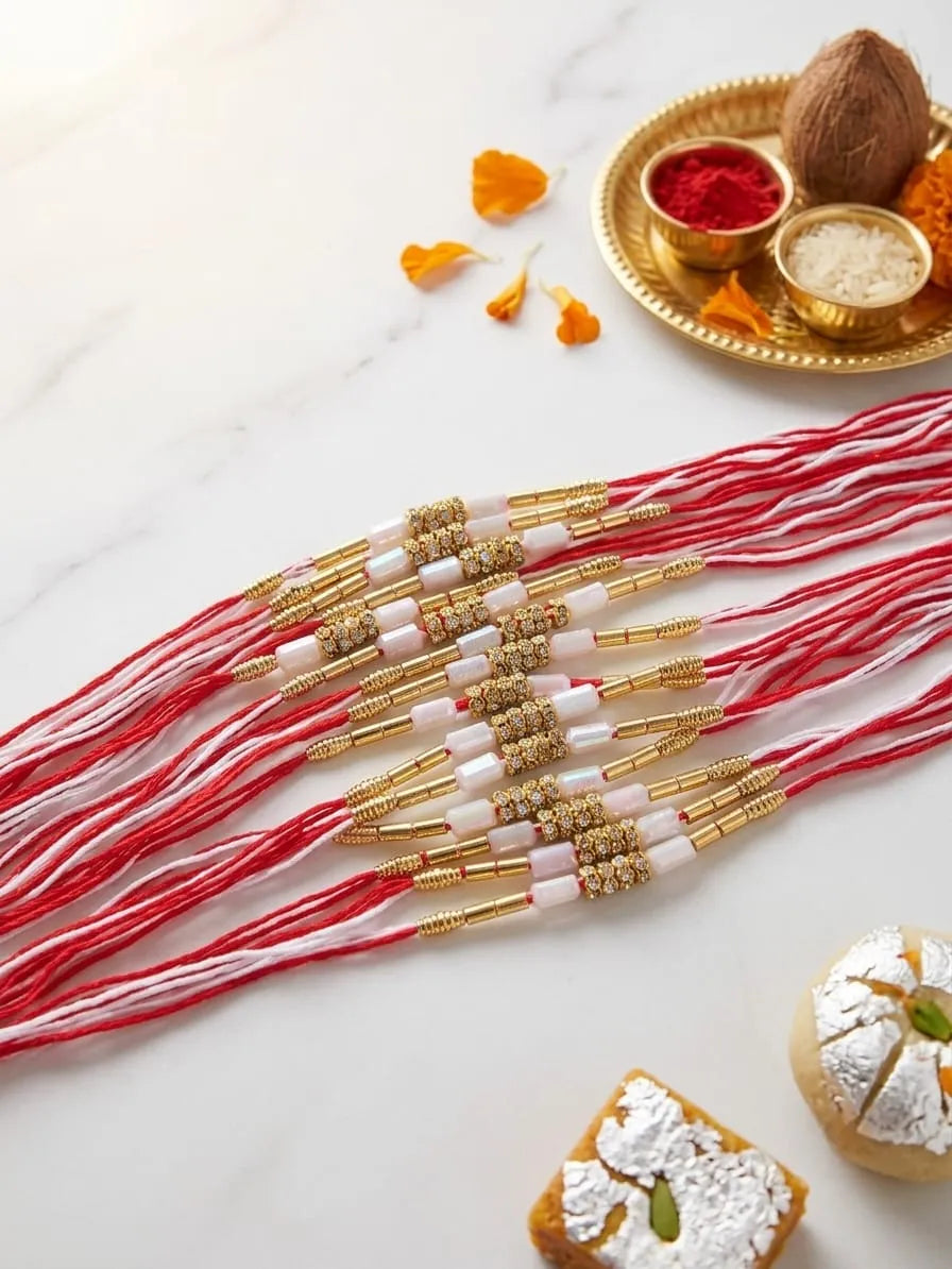 A set of traditional Indian Rakhi strings laid out on a white marble surface, decorated with red and white threads, white beads, and gold-toned metal spacers. A small gold tray with red and white powders, a coconut, and sweets is arranged in the background.
