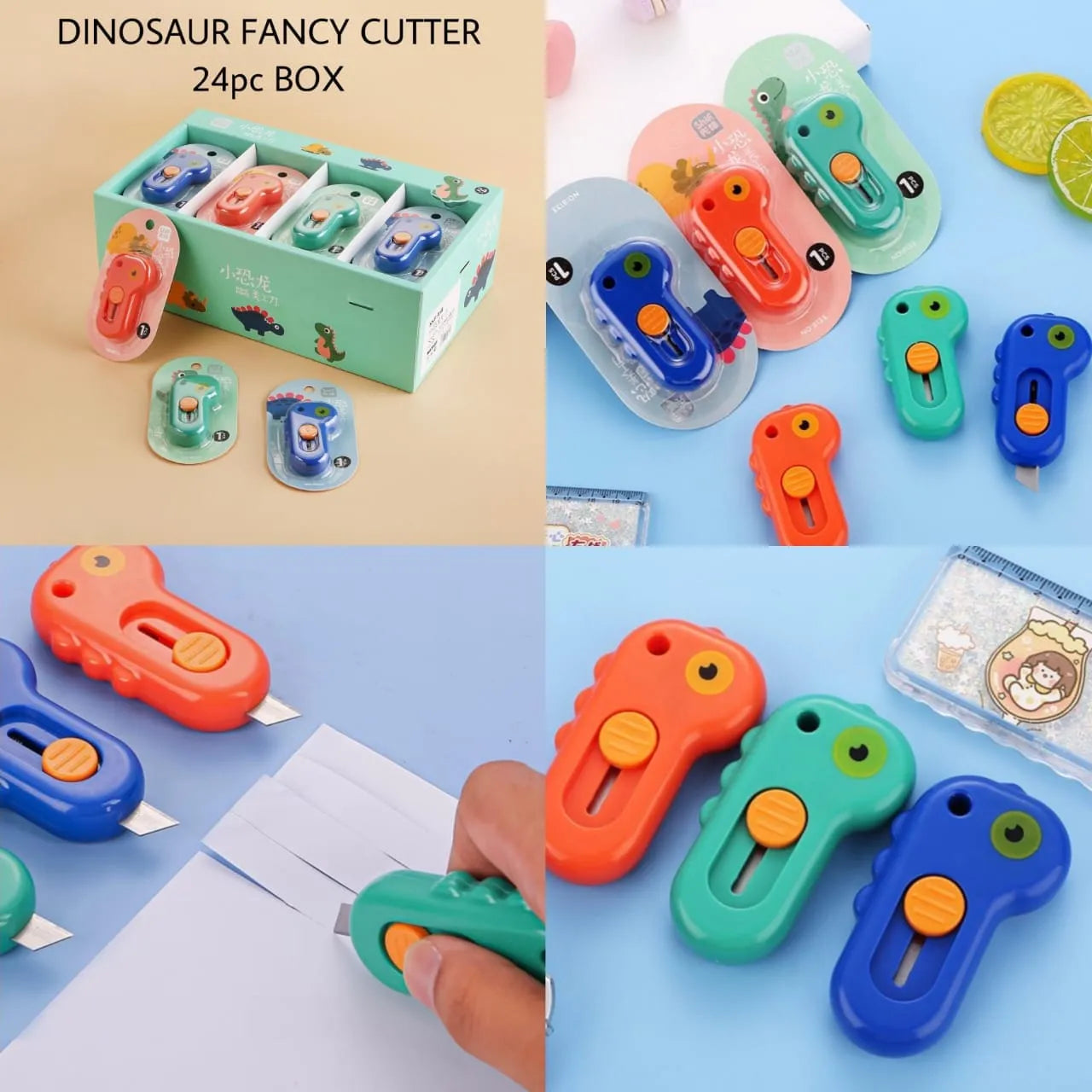 A 24-piece set of dinosaur-themed utility cutters shown in a collage, including the mint green packaging box, loose cutters in various colors, and a hand using one of the cutters to slice paper.