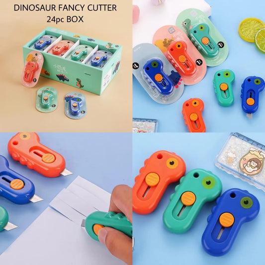 A 24-piece set of dinosaur-themed utility cutters shown in a collage, including the mint green packaging box, loose cutters in various colors, and a hand using one of the cutters to slice paper.