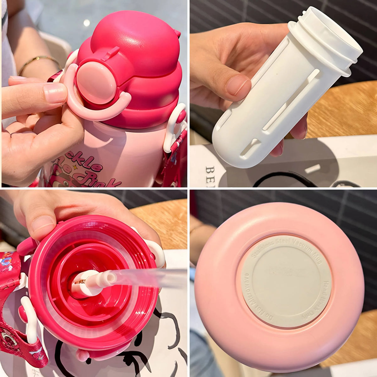A four-panel collage showing a pink water bottle and its components: a close-up of hands holding the bottle with a pink handle, a hand holding a white cap component, an open bottle view with a straw, and a top-down view of the pink bottle base.