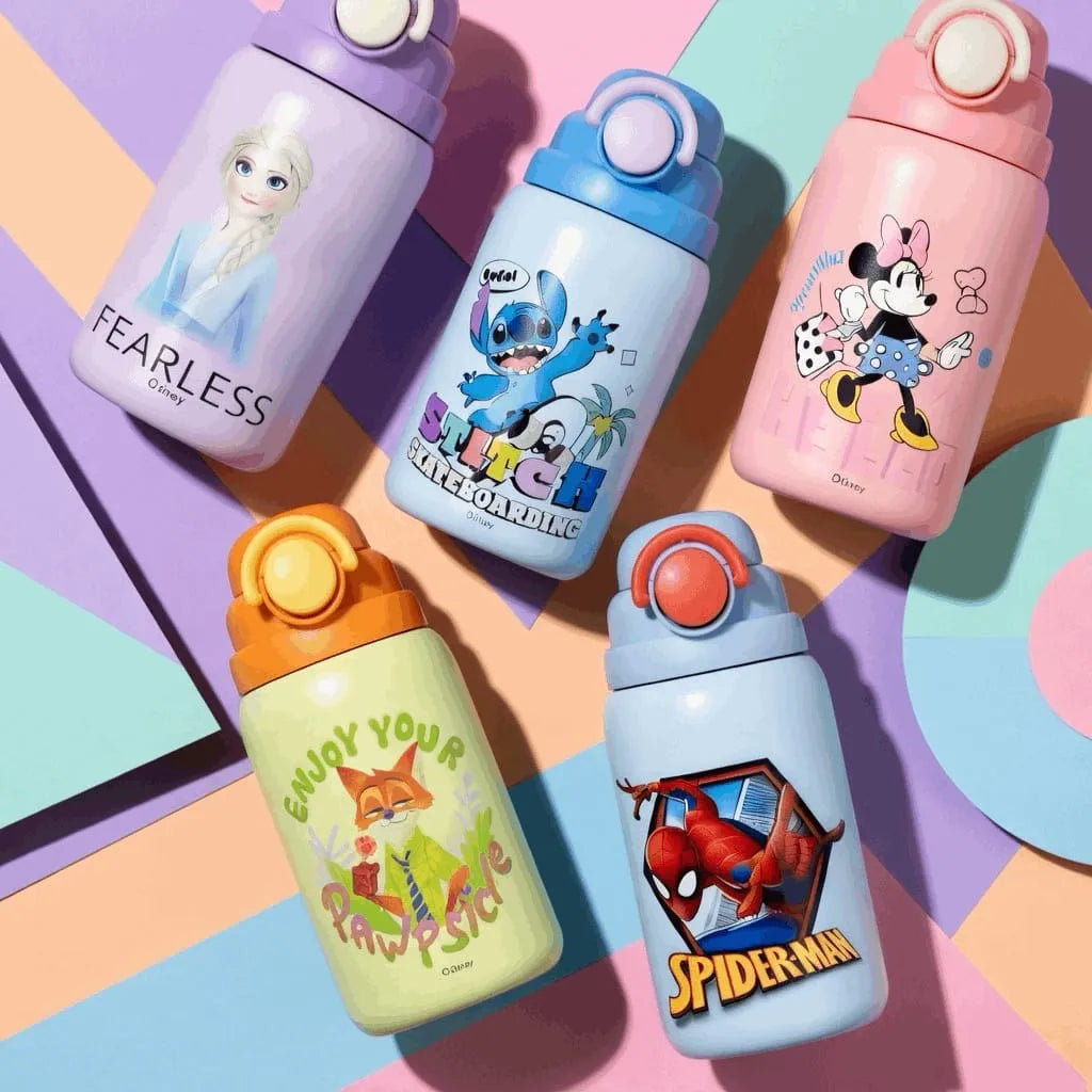 Set of colorful water bottles with cartoon characters on a multicolored geometric background