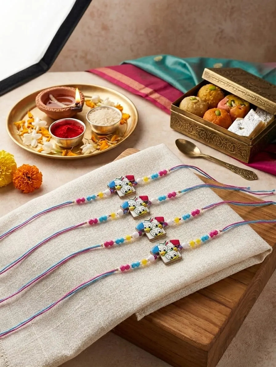 Four colorful Rakhi string bracelets with cartoon character charms are arranged on a folded cream-colored fabric over a wooden tray, with traditional festive items including a diya, marigold flowers, sweets, and a spoon in the background.