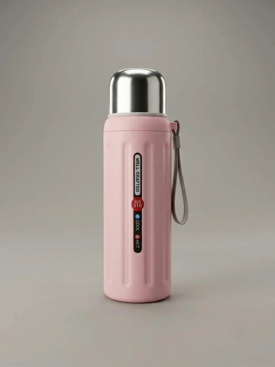 A pink insulated water bottle with a brushed silver stainless steel lid and a gray carrying strap, standing upright on a neutral gray background.