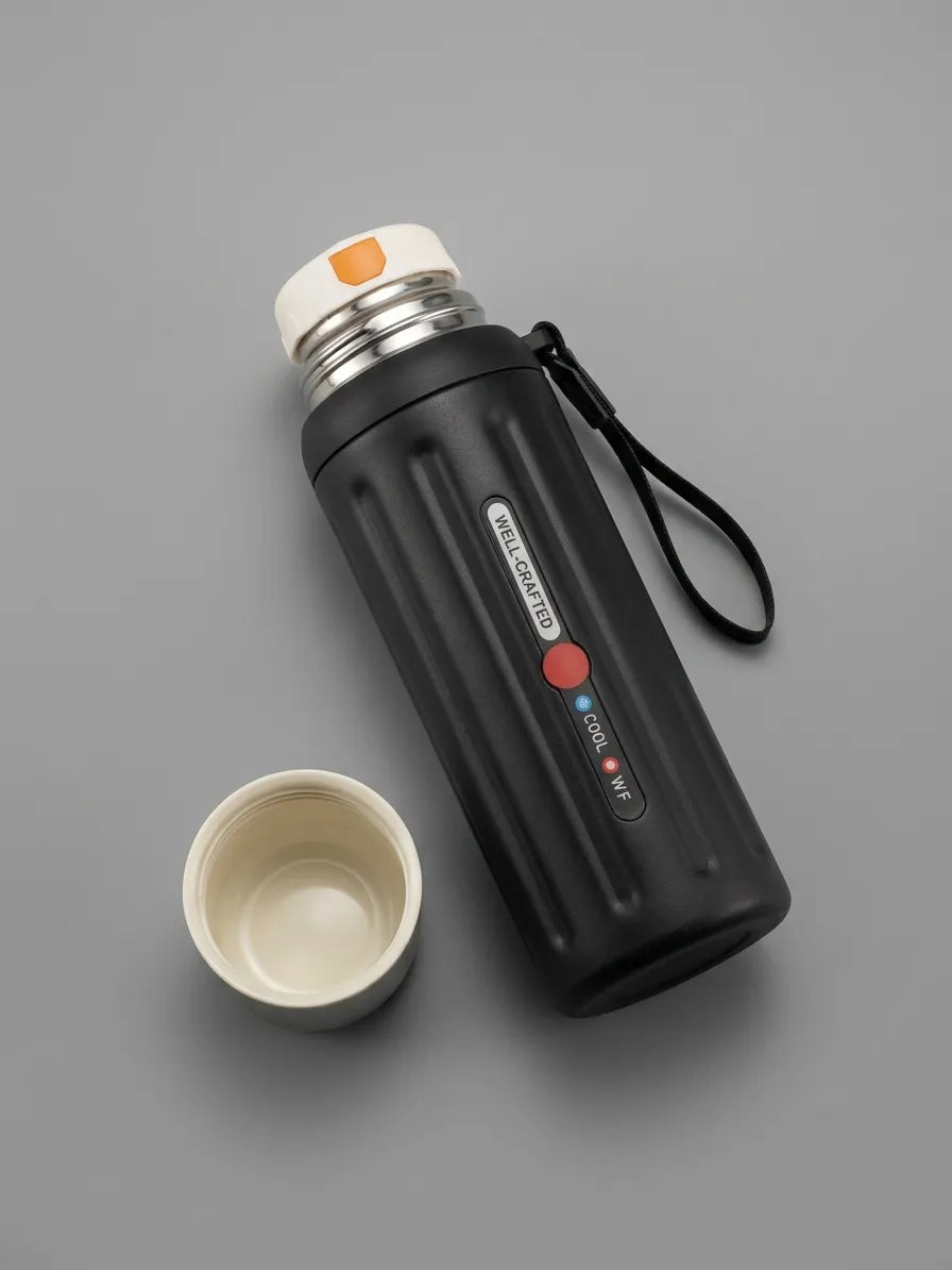 A black insulated water bottle with a white cap and a small detached cup, photographed on a smooth gray background.