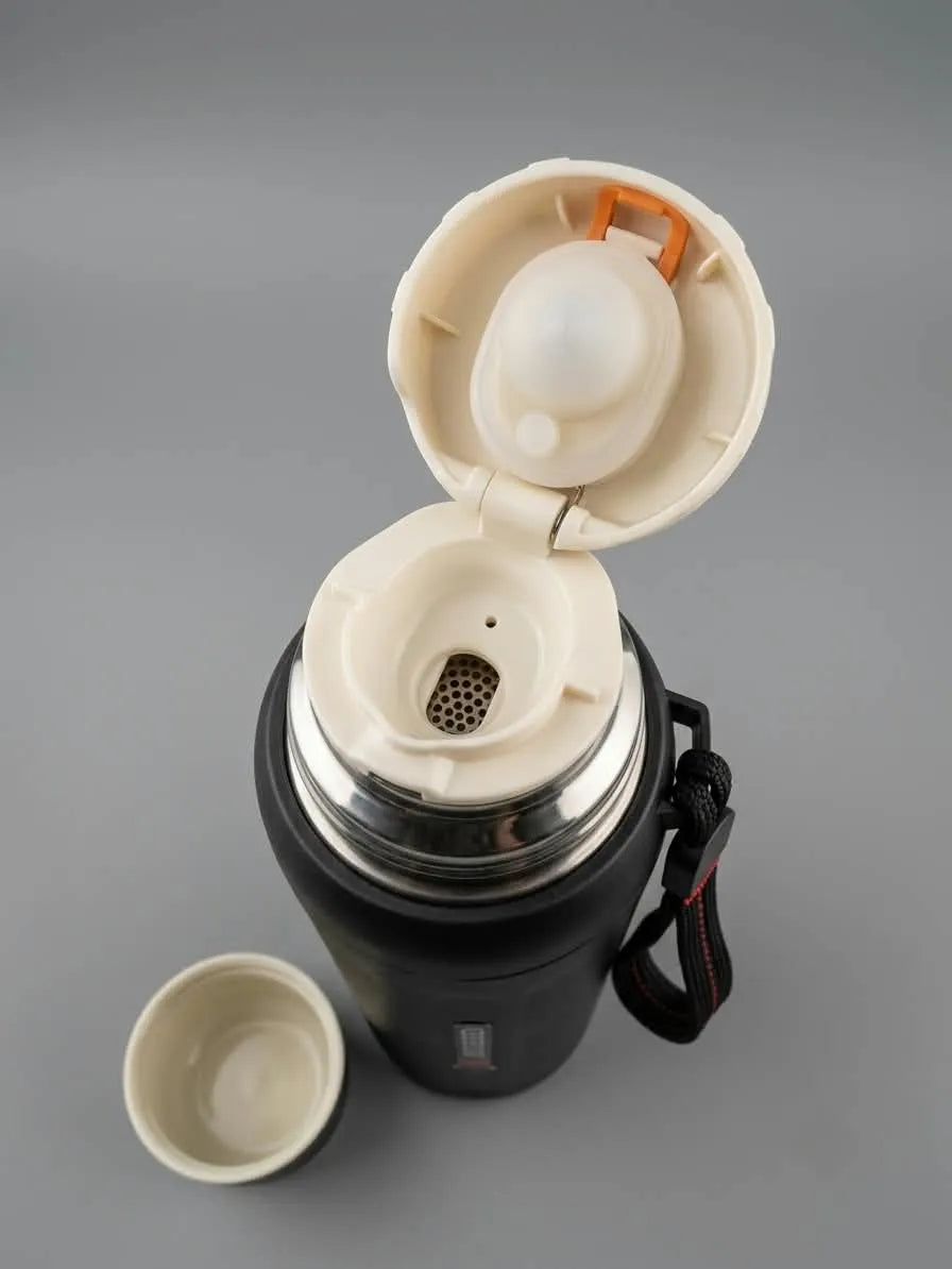 A black vacuum-insulated water bottle with its lid open, showing the cream-colored inner lid and straw insert. A separate matching cream cup is placed beside it on a smooth gray background.